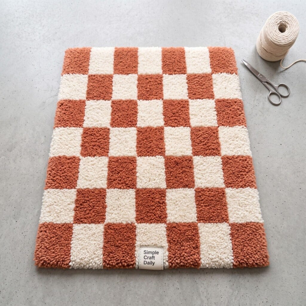 A handmade tufted checkerboard rug with terracotta and cream squares resting on a concrete floor.