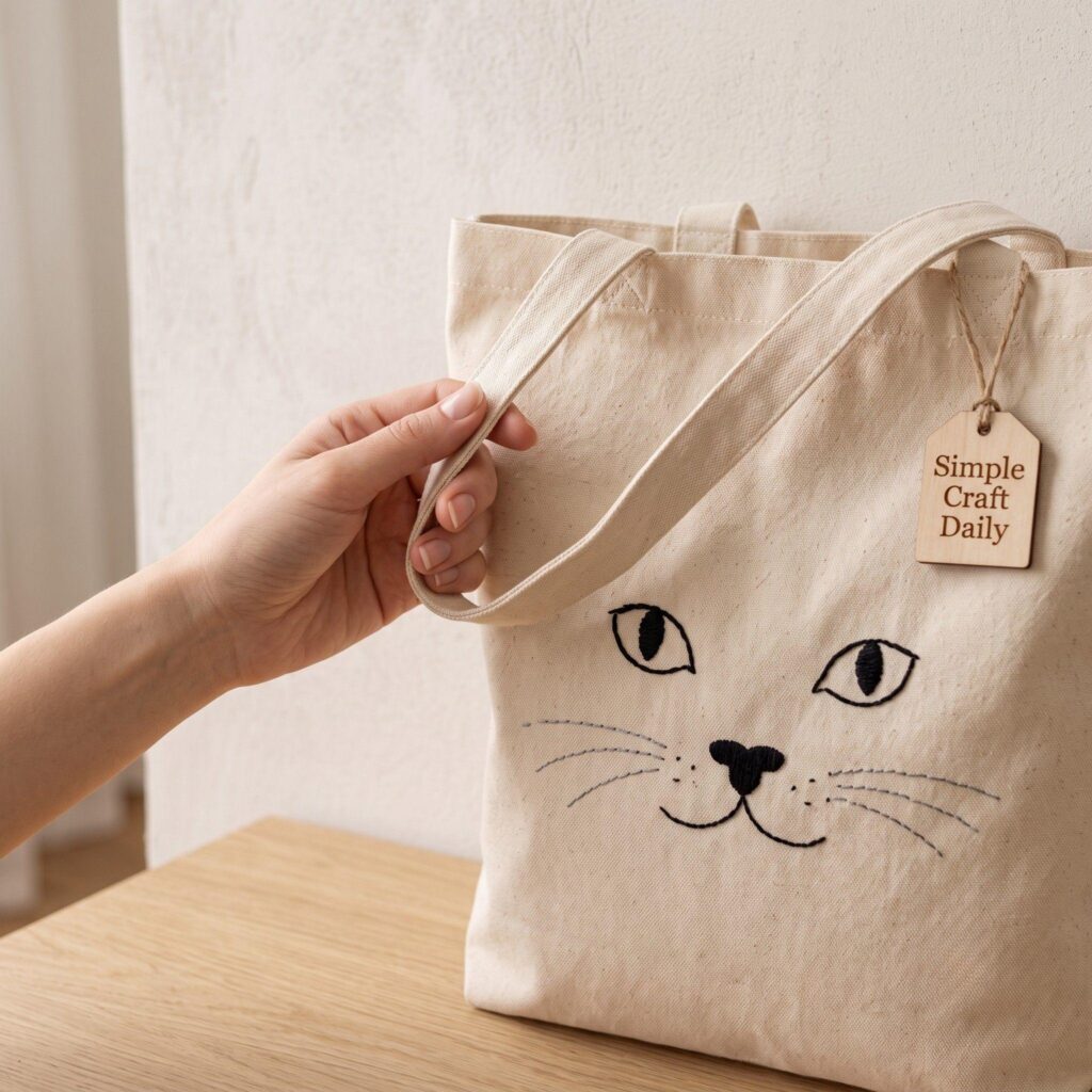A canvas bag featuring a minimal embroidered cat face with a wooden craft tag.