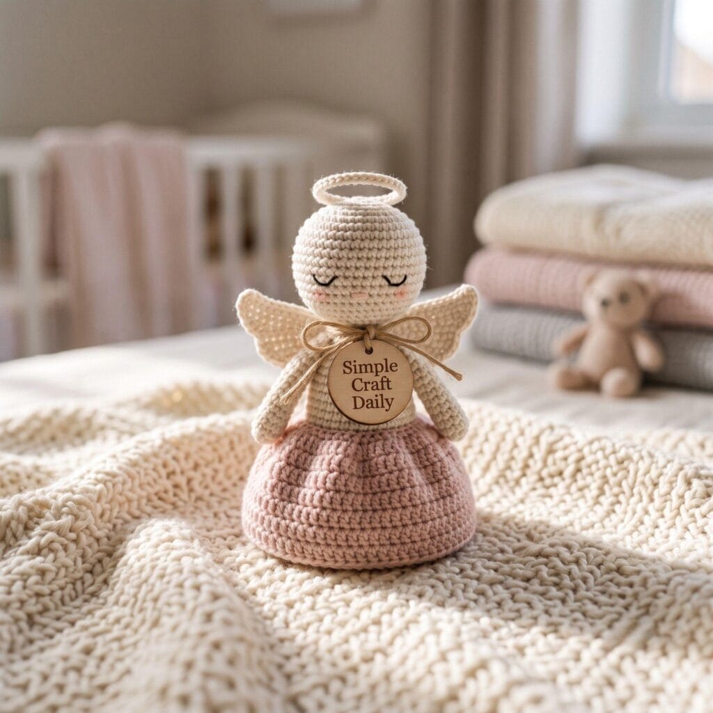 Soft crochet mini angel amigurumi doll sitting on a textured blanket.