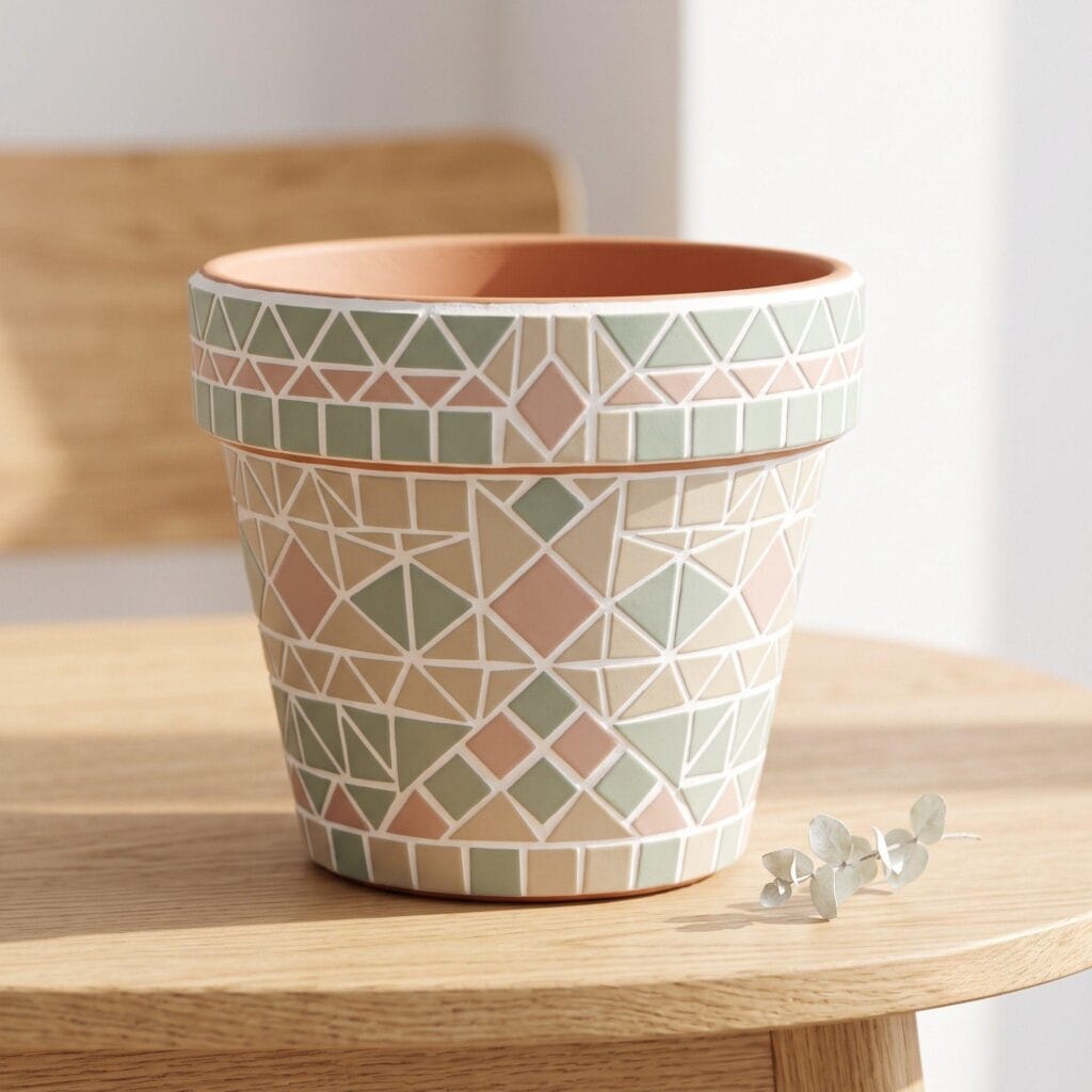 A plain terracotta flower pot beautifully decorated with small wrapped mosaic tile fragments.