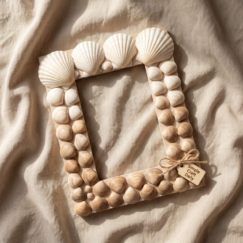 Seashell frame with an ombre color gradient on linen.