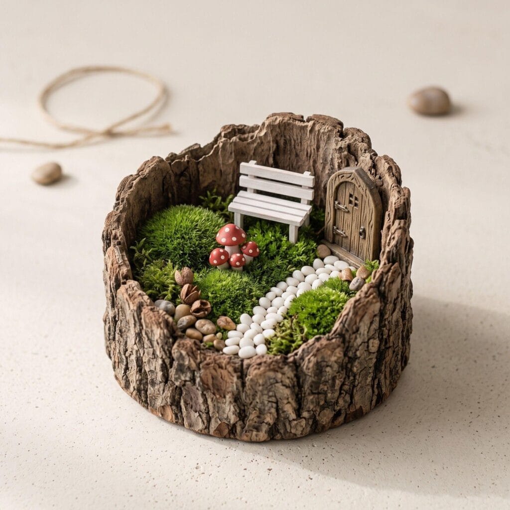 Rustic hollowed-out tree stump fairy garden featuring green moss and a tiny wooden door.