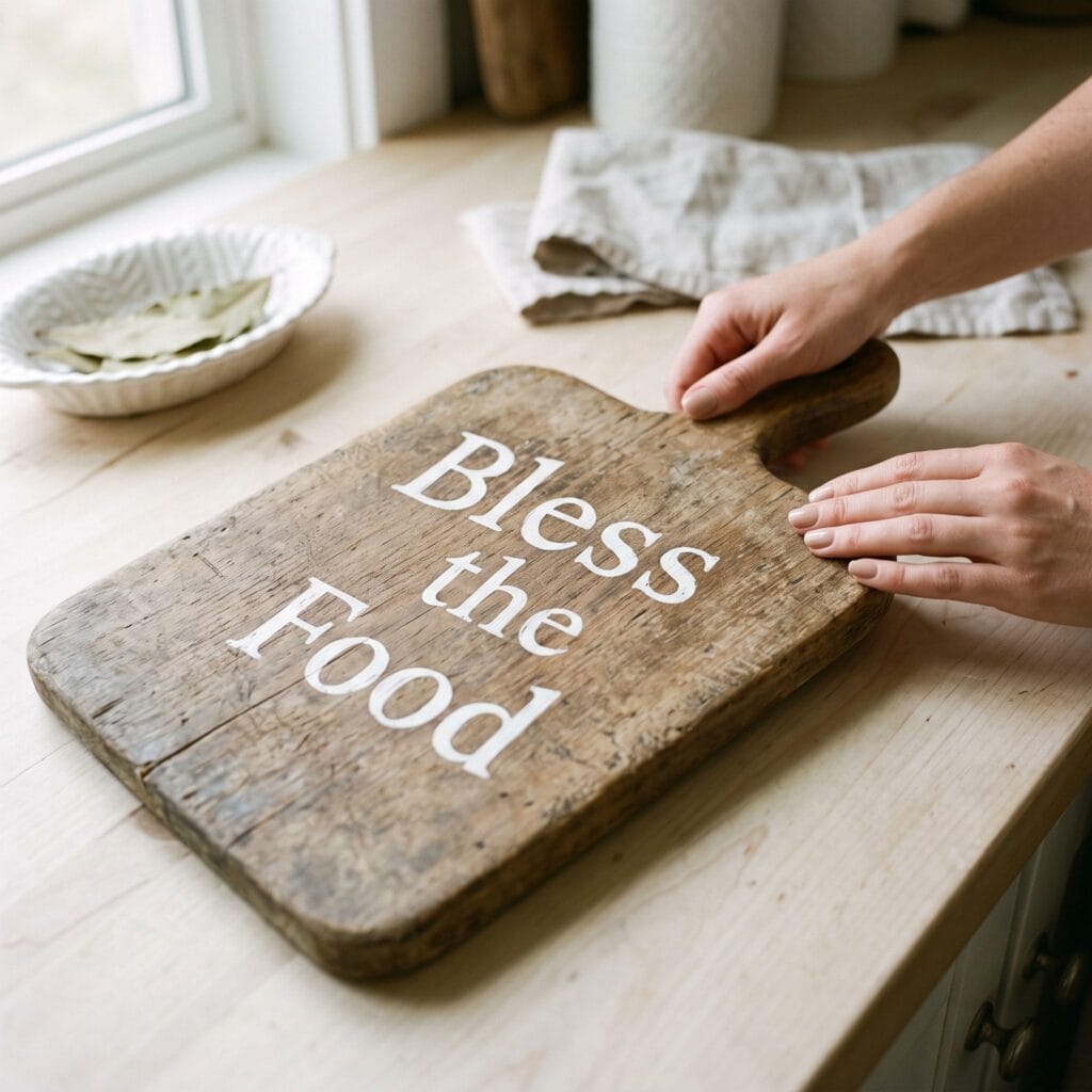 A weathered vintage wooden breadboard repurposed into a DIY wooden sign with the phrase Bless the Food painted in crisp white.