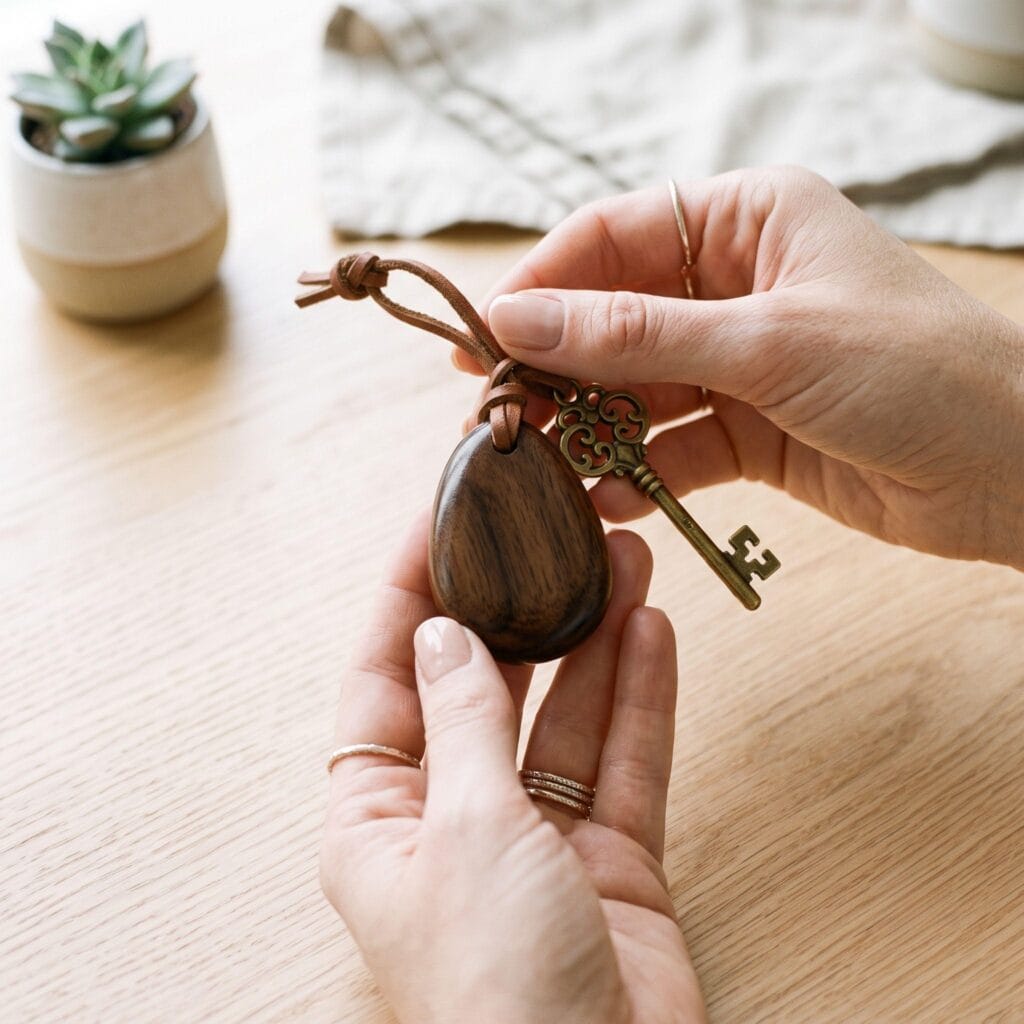 A polished miniature scrap wood keychain tied securely with a soft brown leather cord, resting smoothly on a bright sunlit wooden workspace.