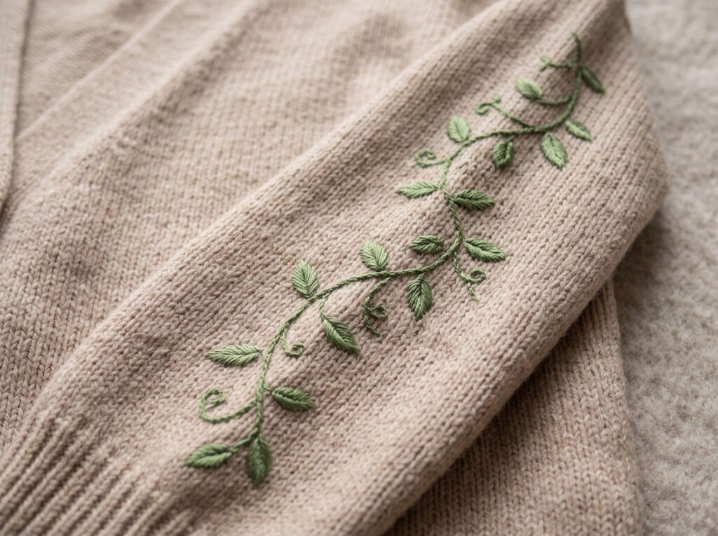 Delicate green botanical vine embroidery along a beige knit cardigan sleeve
