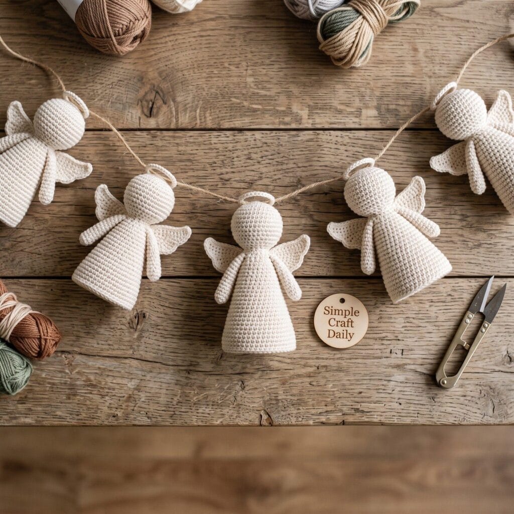A flat-laid crochet angel garland on a rustic desk.