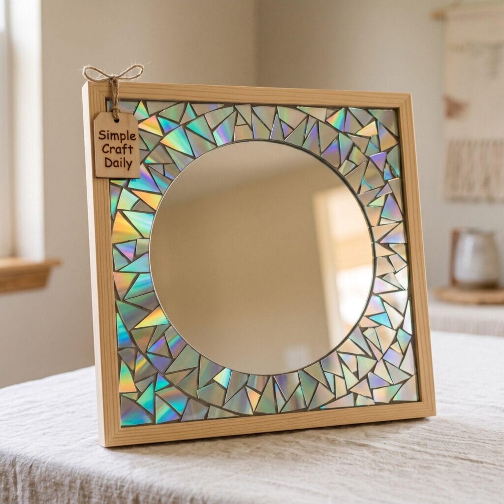 A plain wooden mirror frame decorated with hand-cut geometric CD shards.