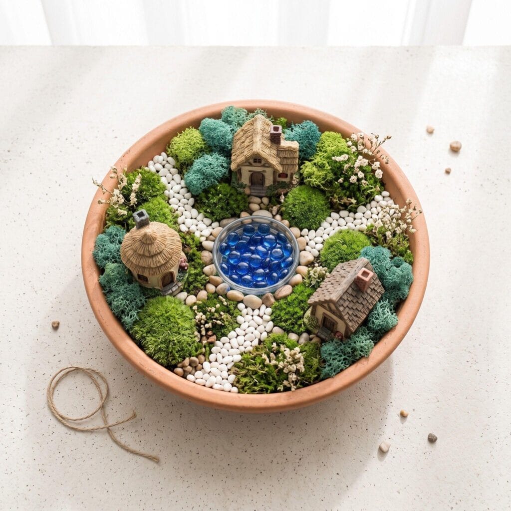 Shallow terracotta planter designed as a miniature fairy village with stone paths and huts.