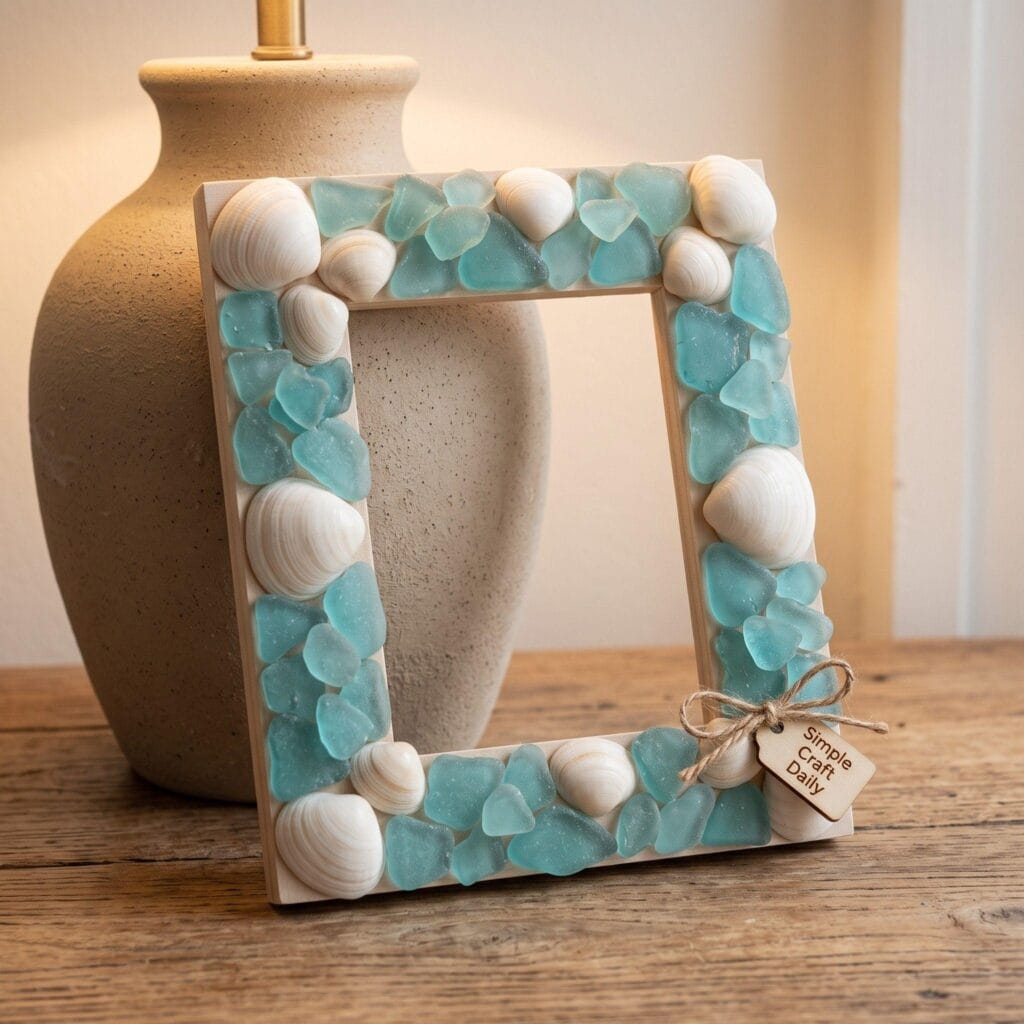 Picture frame decorated with sea glass and white shells.