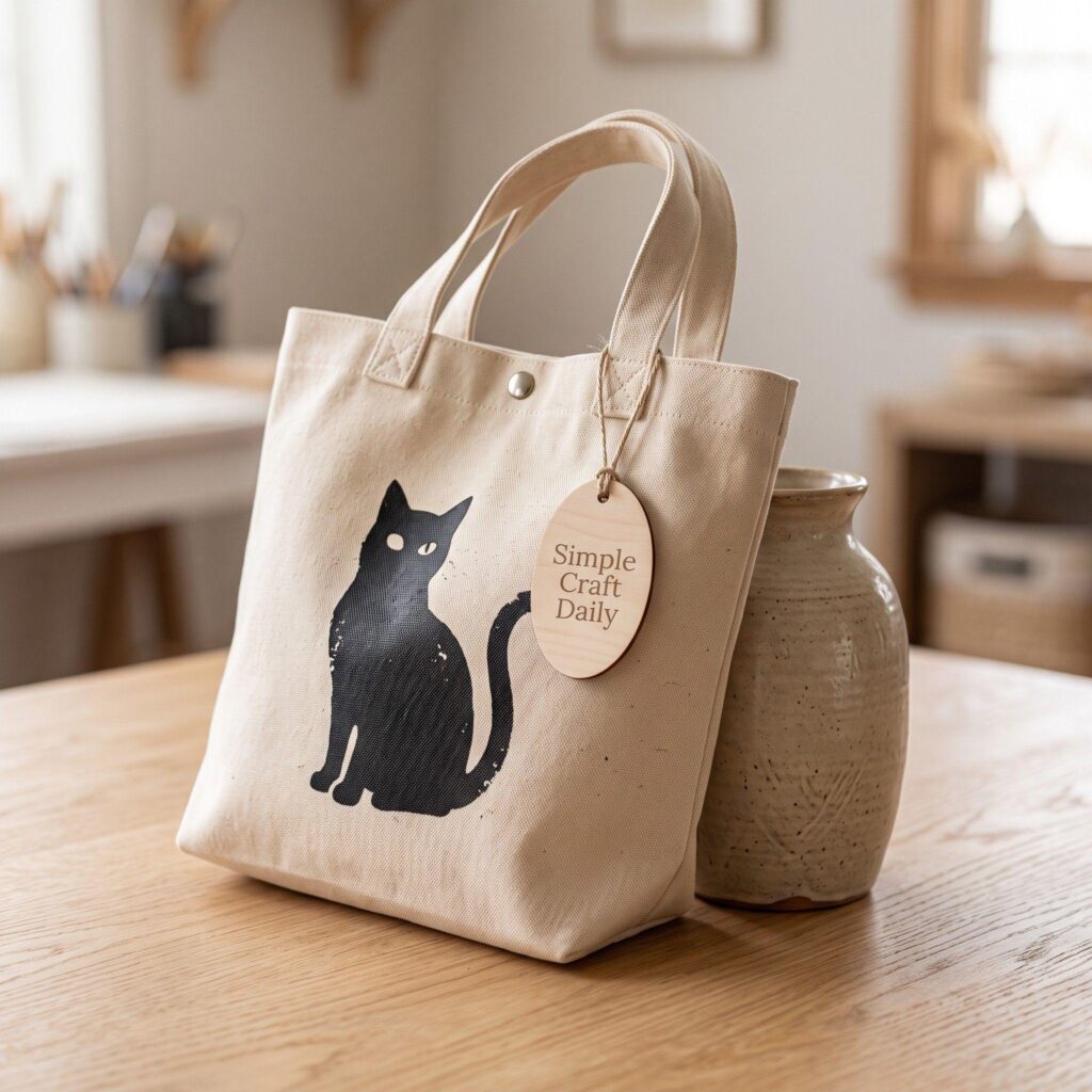A structured canvas tote displaying a black stenciled cat silhouette.