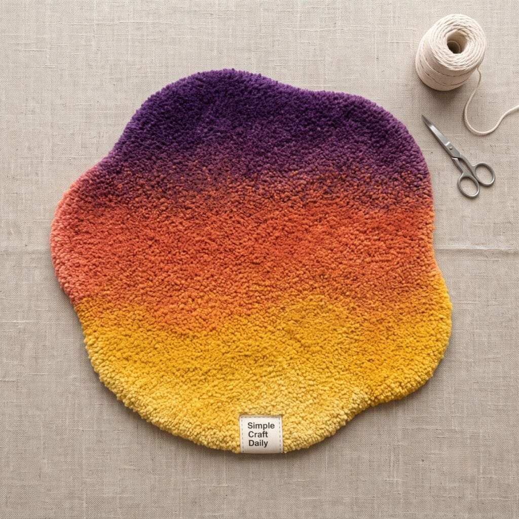 A tufted rug featuring a smooth sunset color gradient from deep purple to yellow.