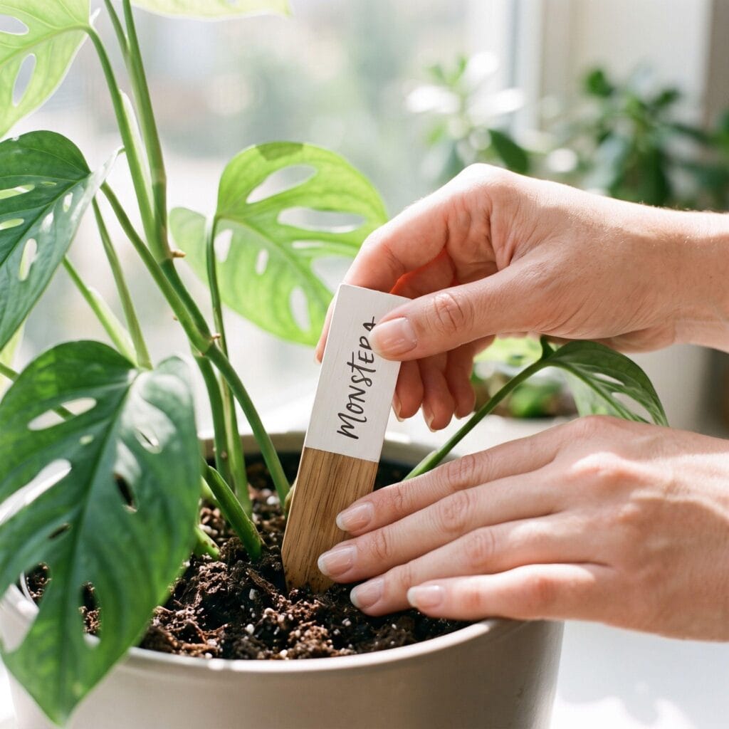 A color-blocked scrap wood plant marker painted matte white on top with a handwritten aesthetic plant name, inserted into the soil of a potted Monstera plant.