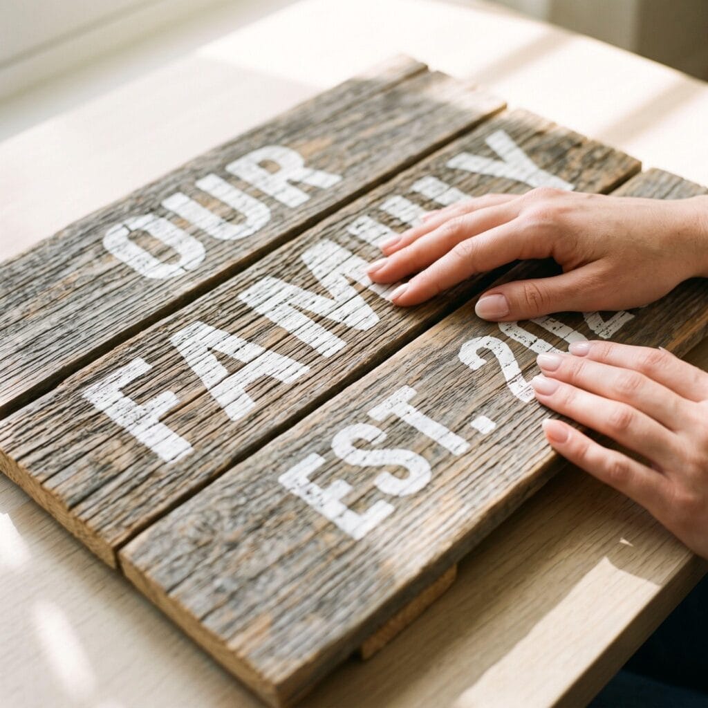 A textured rustic DIY wooden sign made from joined weathered pallet slats, featuring a thick white-washed family motto stencil.