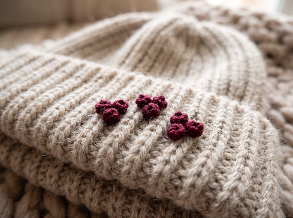 Burgundy French knot berry clusters embroidered on a ribbed knit beanie brim