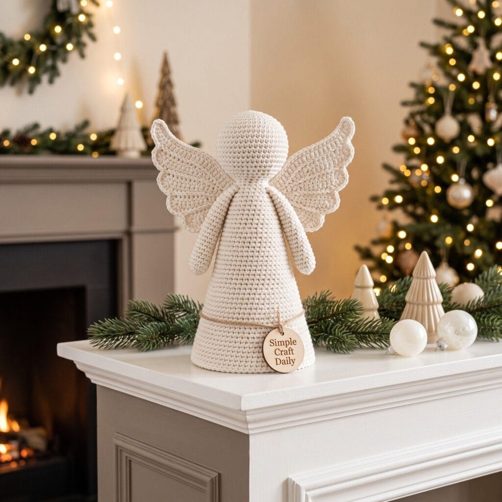 A large crochet angel tree topper standing firmly on a white mantelpiece.