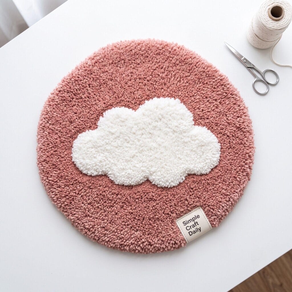 A fluffy white tufted cloud shape centered on a solid dusty rose background.