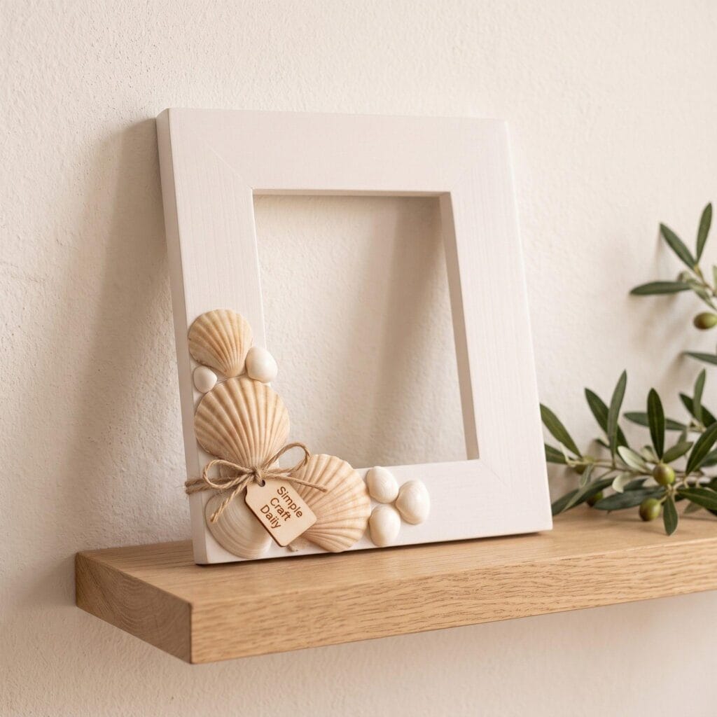 White picture frame with a shell cluster in one corner.
