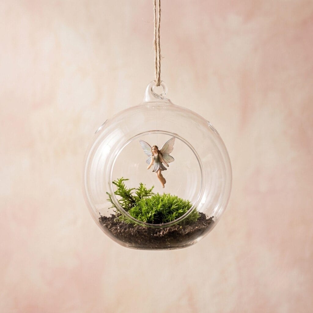 Hanging glass globe terrarium suspended in mid-air with green moss and a fairy figurine.