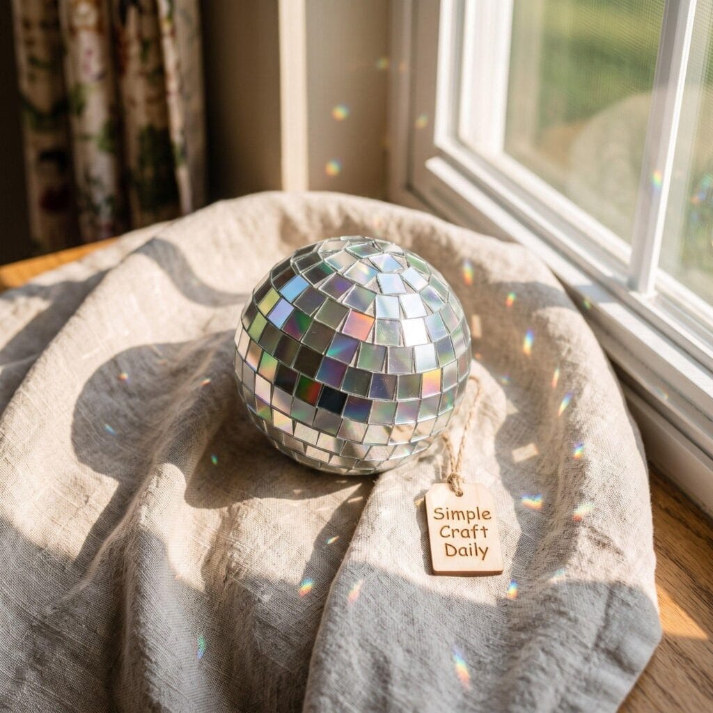 A foam ball covered with small square CD pieces to look like a mini disco ball.