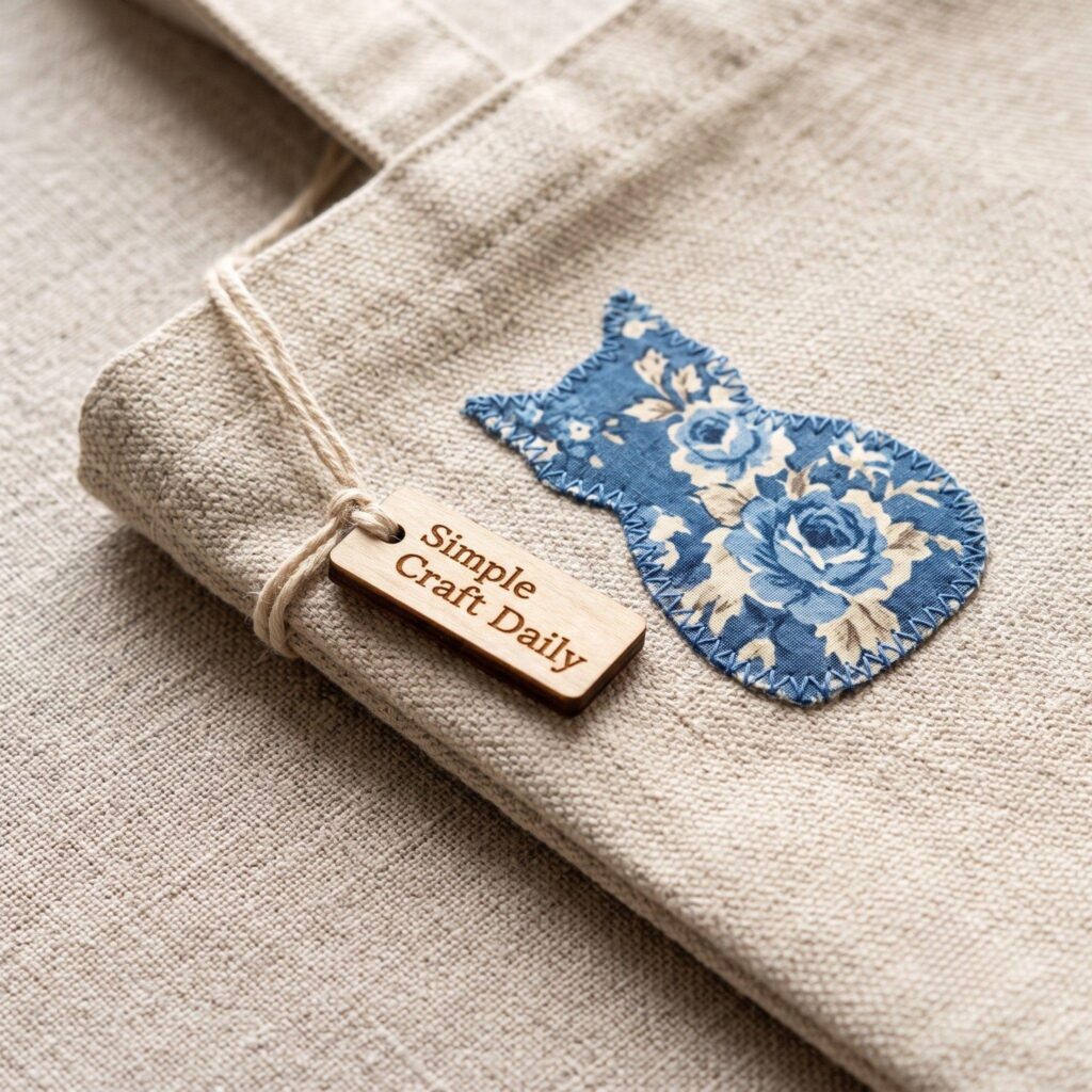 Close-up of a floral fabric scrap cut into a cat shape and stitched onto a canvas bag.