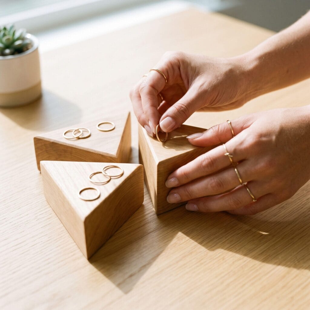 Three chunky 3D triangular scrap wood blocks, perfectly smooth and polished, used as a modern geometric ring display holding delicate gold rings.