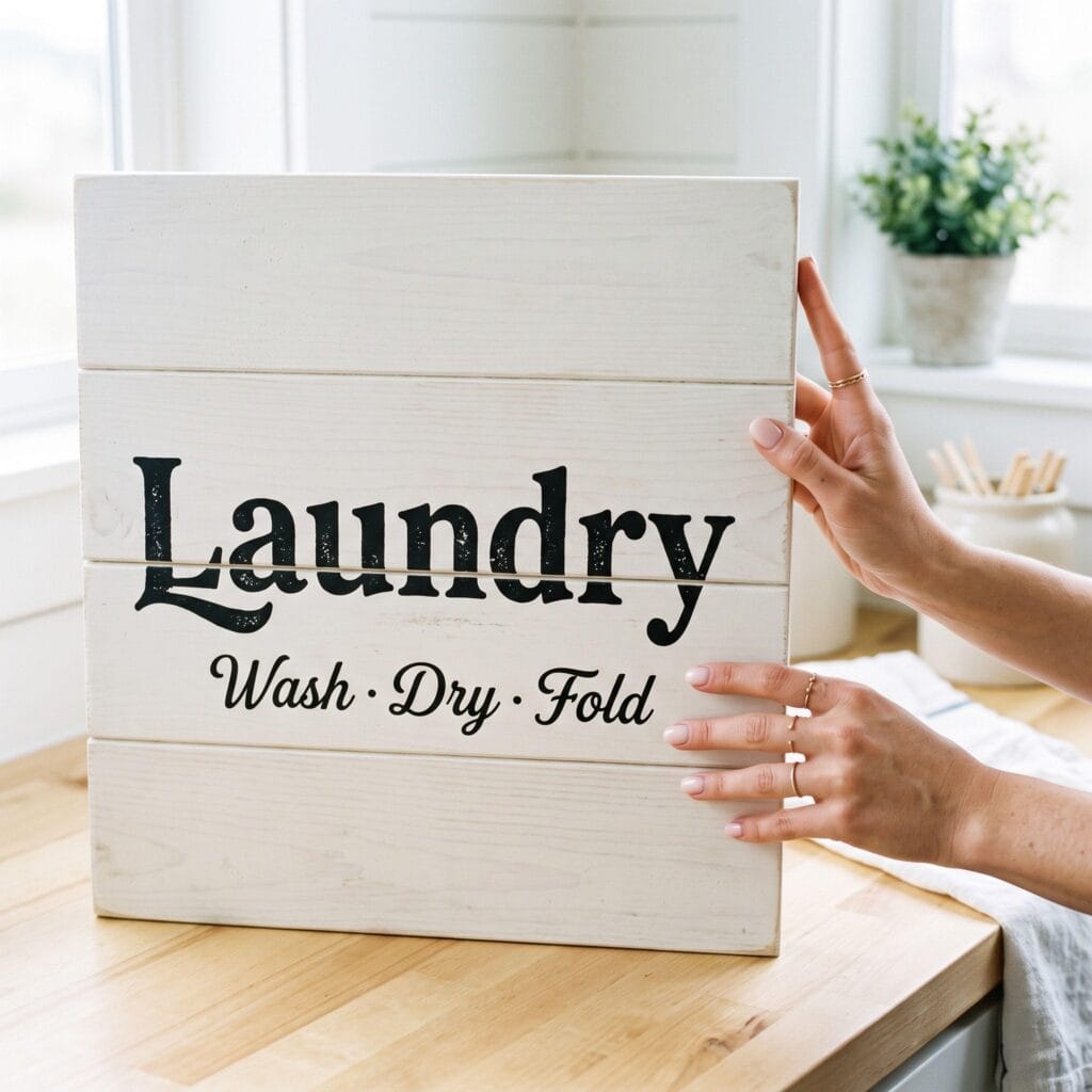 A soft-white shiplap style DIY wooden sign with bold vintage black typography reading Laundry, resting beautifully near a bright window.