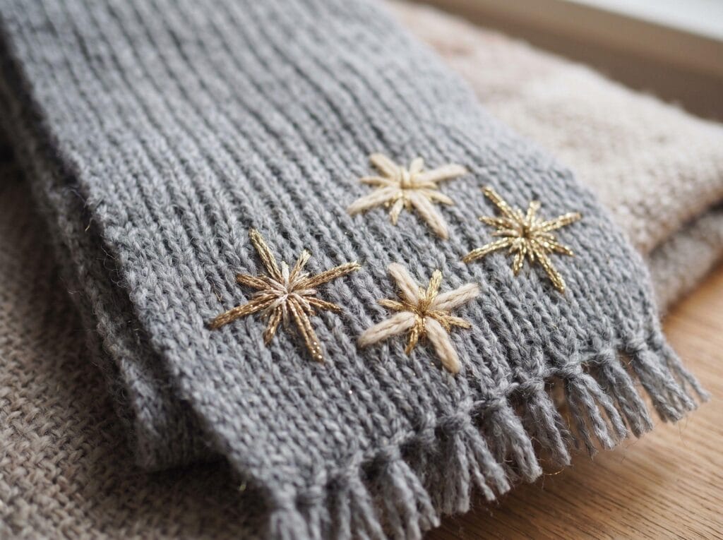 Metallic gold and cream starburst embroidery on a grey knit scarf