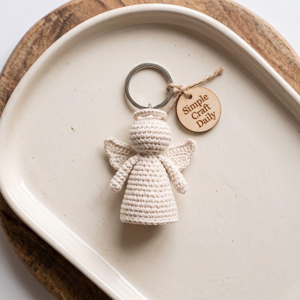 A miniature crochet angel keychain resting on a ceramic tray.