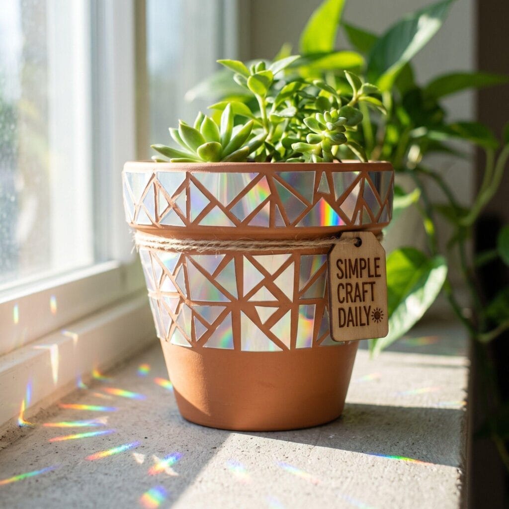 A terracotta plant pot decorated with flat, rigid CD mosaic shards, standing upright on a windowsill.