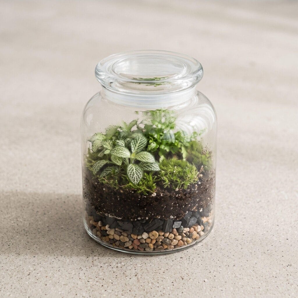 Closed apothecary glass jar terrarium showing distinct layers of pebbles, soil, and ferns.