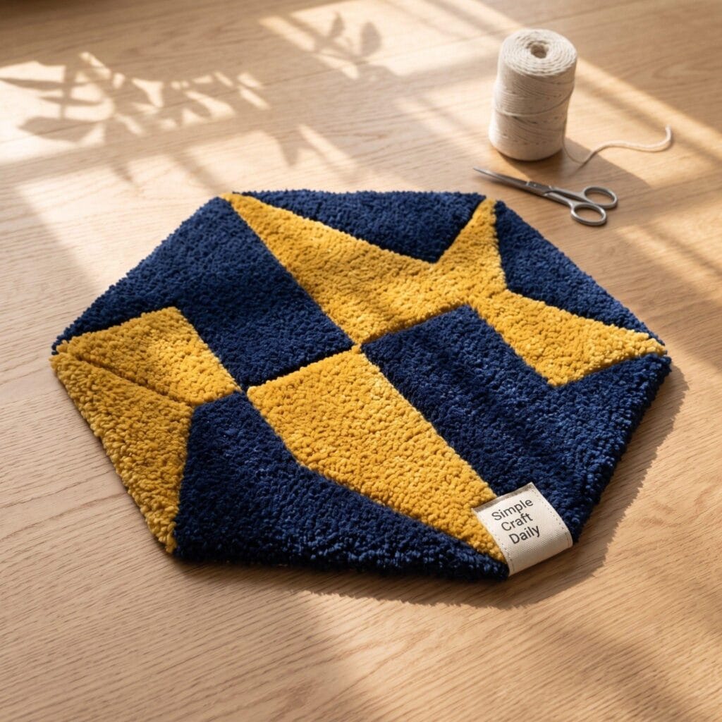 A modern geometric tufted rug with angled lines in navy and mustard yellow.