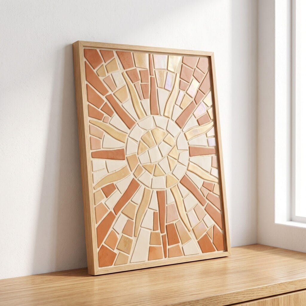 A beautiful mosaic wall art panel featuring an abstract sun design on a clean wooden backing.