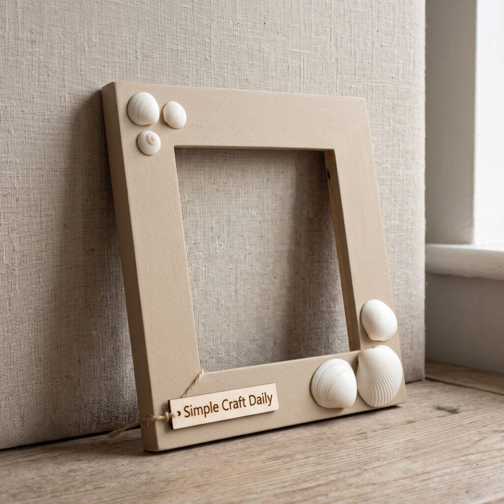 Sandy-beige painted frame with sparse white shells.