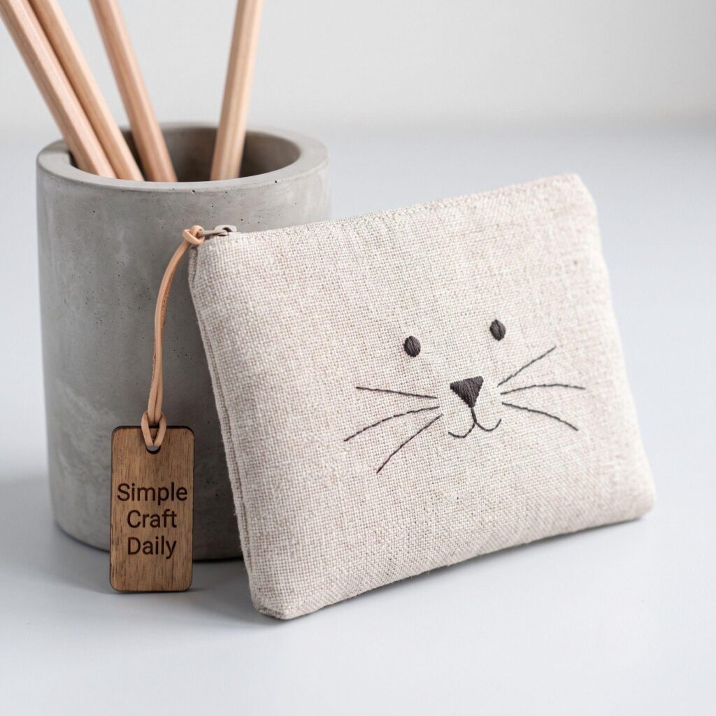 A small fabric clutch featuring a minimal embroidered cat face and whiskers.