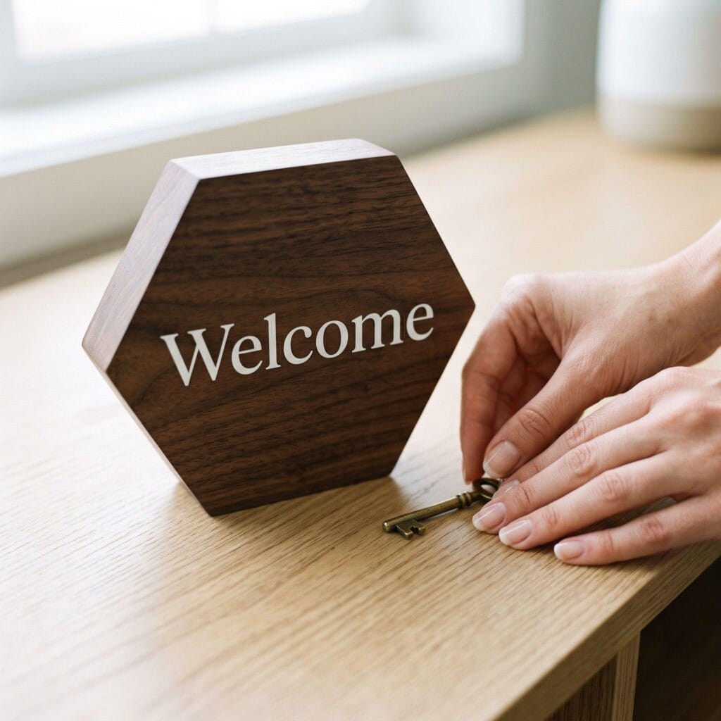 A dark walnut stained hexagonal DIY wooden sign with modern white Welcome typography, styled on a bright oak console desk.