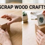 A split-screen before and after layout showing raw chunky scrap wood blocks next to finished DIY wooden photo holders on a bright oak desk.