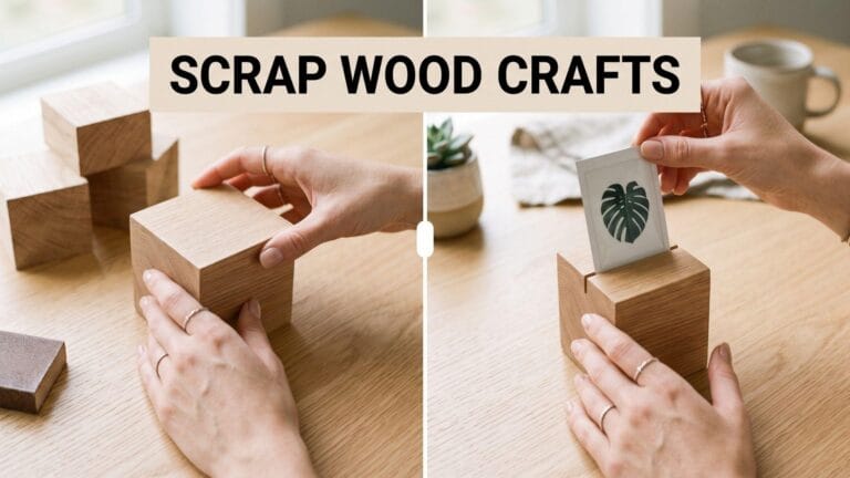A split-screen before and after layout showing raw chunky scrap wood blocks next to finished DIY wooden photo holders on a bright oak desk.