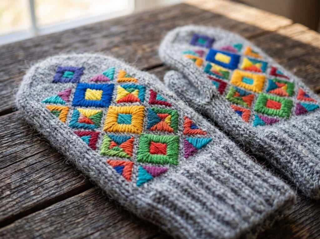Geometric diamond satin stitch embroidery on wool knit mittens