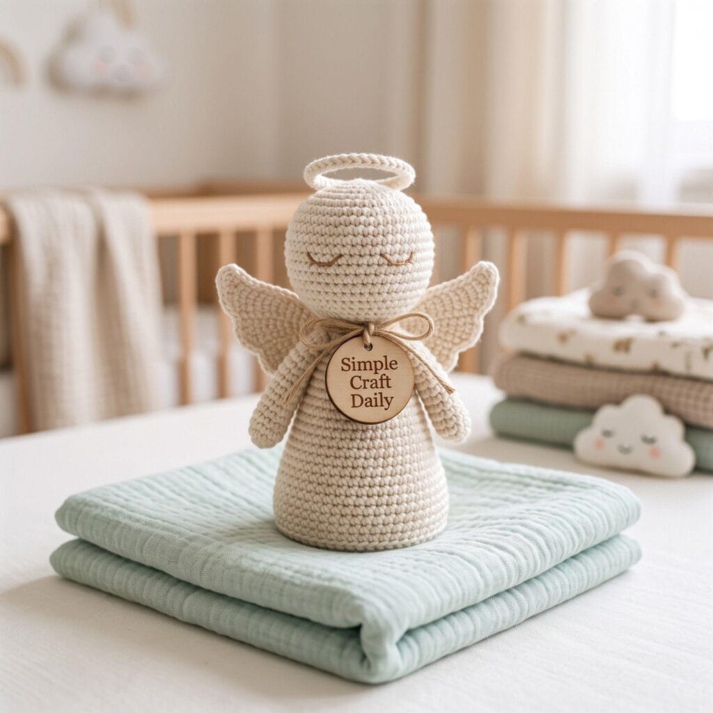 A soft crochet angel baby rattle resting on a pastel baby swaddle.