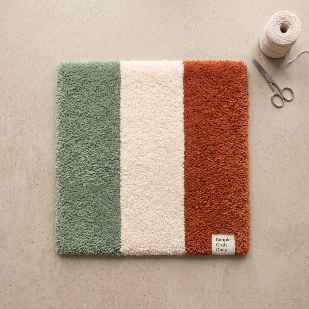 A minimalist color block tufted rug with sage green, cream, and rust orange rectangular sections.