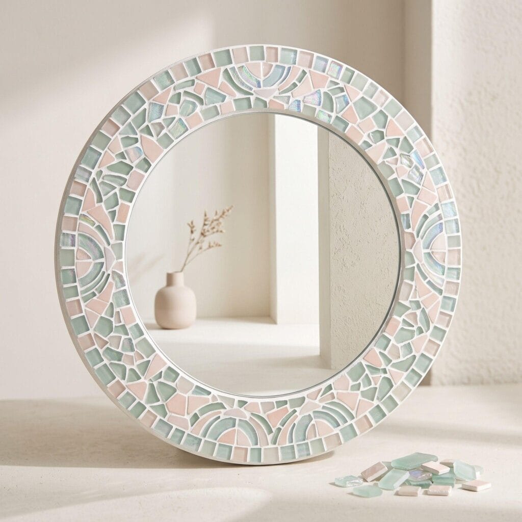 An old rectangular mirror frame transformed with colorful broken glass and shiny mosaic tiles.