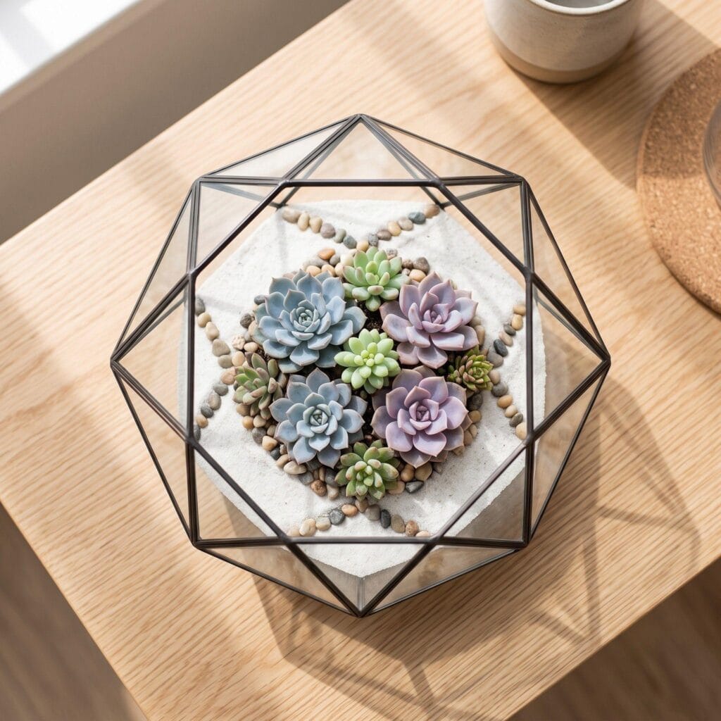 Top-down flat lay of a modern geometric open glass terrarium with pastel succulents.
