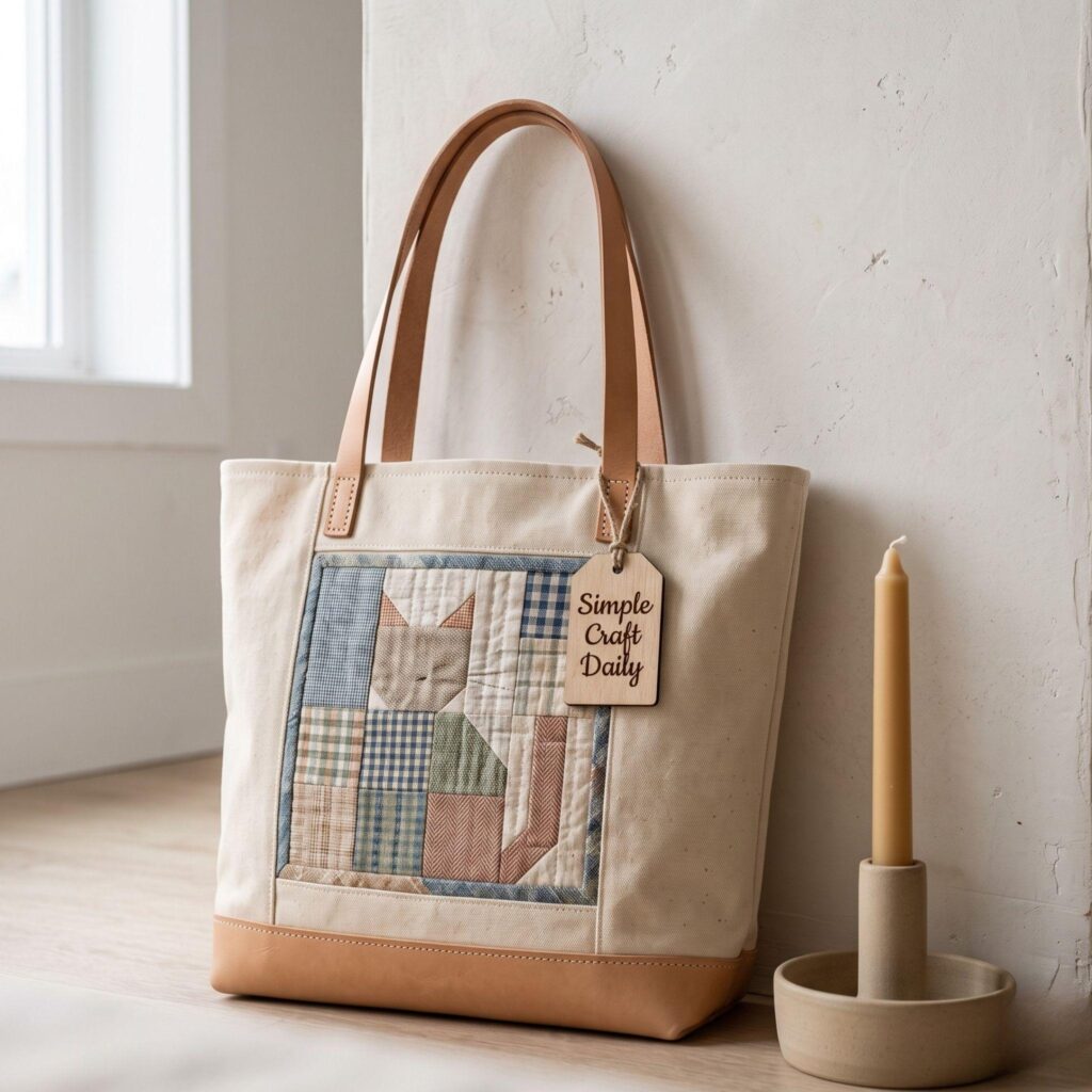 A canvas tote bag featuring a quilted fabric block in a simple cat motif.