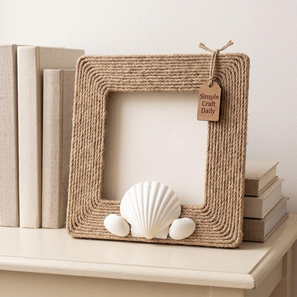 Jute rope-wrapped frame with white scallop shells.