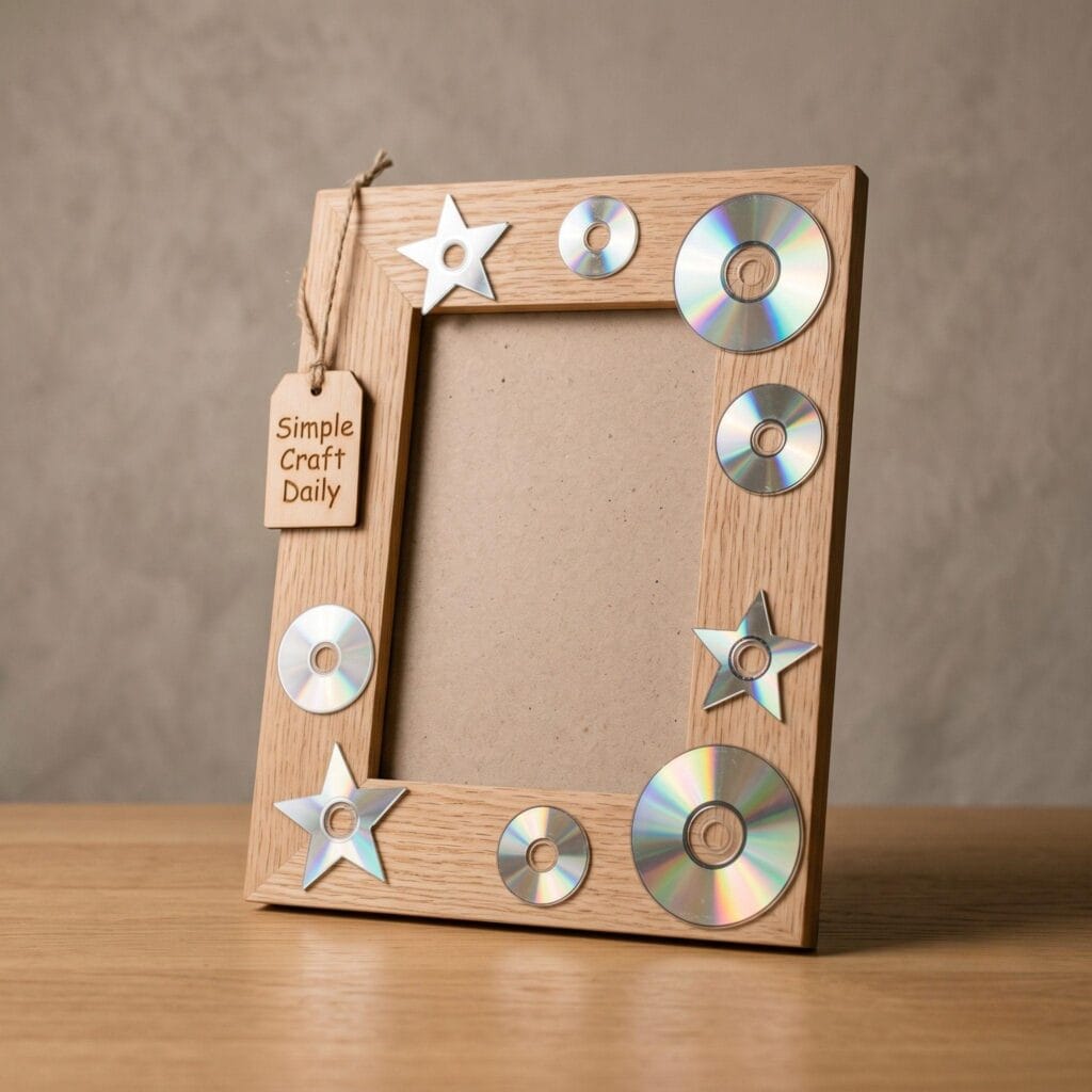 A rustic wooden frame adorned with flat CD ornaments cut into star and circle shapes.