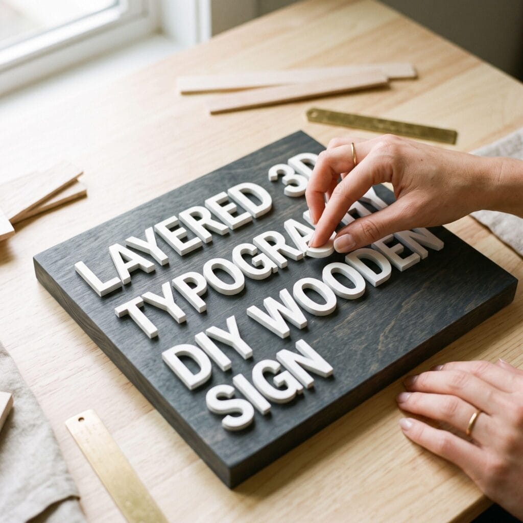 A charcoal gray DIY wooden sign topped with matte white 3D laser-cut wooden letters, casting a soft elegant shadow on the dark wood.