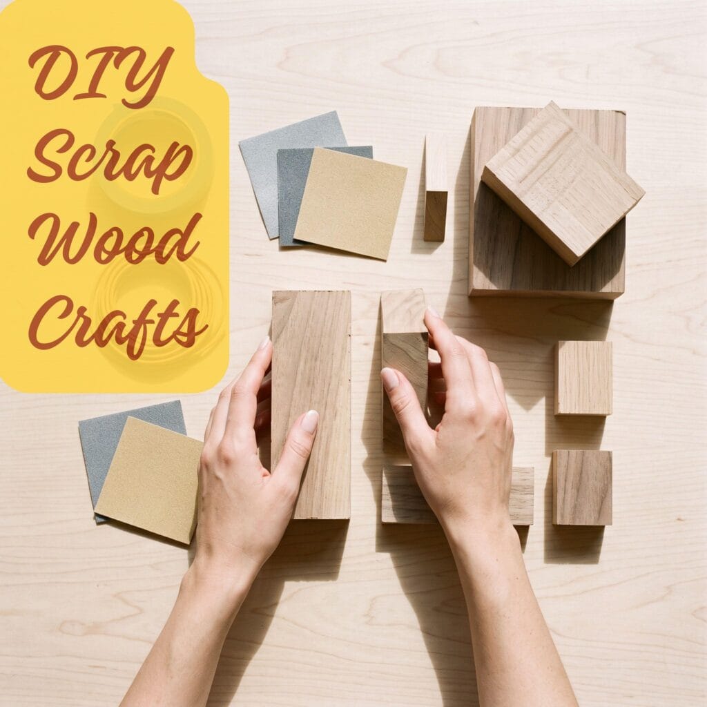 Overhead view of elegant female hands organizing small scrap wood crafting supplies including sandpaper, leather cord, and raw timber offcuts on a bright wooden desk. Scrap wood crafts.