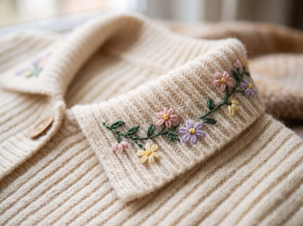 Floral sprigs and lazy daisy stitches embroidered on a ribbed cardigan collar