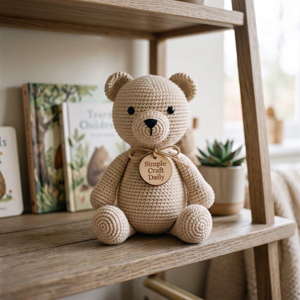 A classic beige crochet amigurumi teddy bear sitting upright on a shelf.