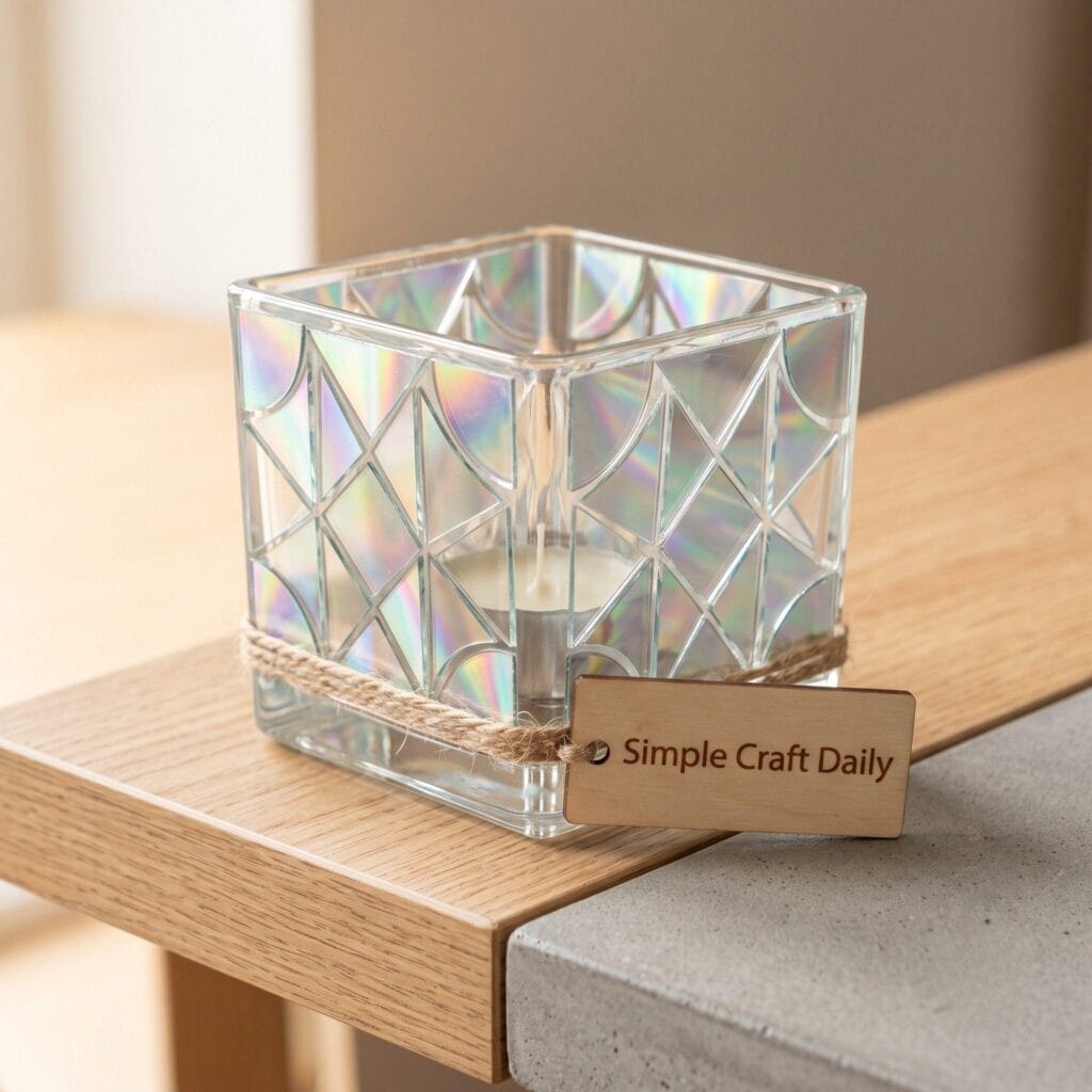 A clear glass tealight holder decorated with shimmering geometric mosaic CD shards.